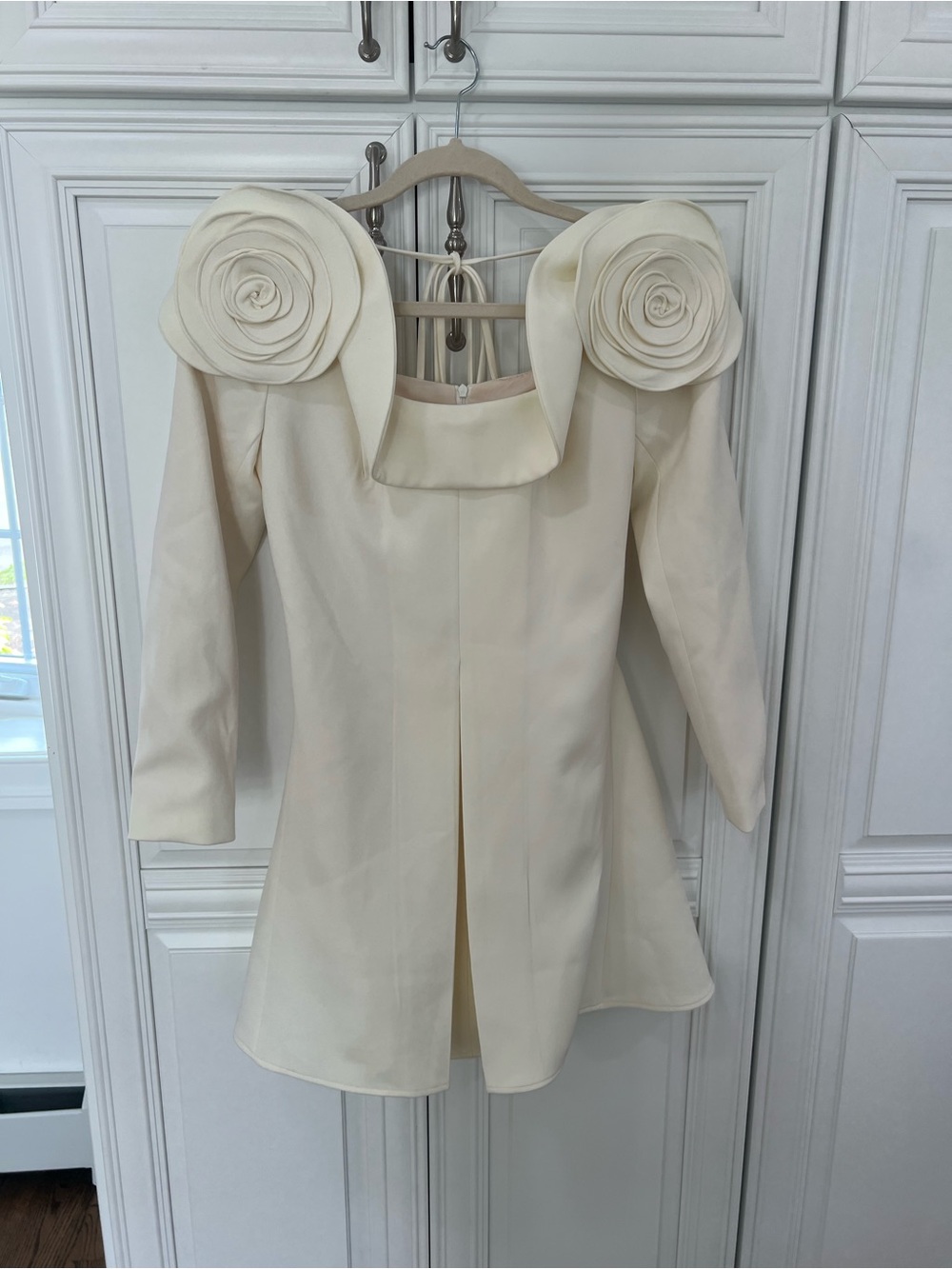 Cream Mini Dress with Sculpted Rose Shoulder Detail